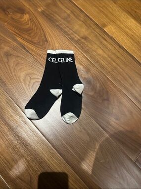 Celine Black Crew Socks with Cream Accents and Logo